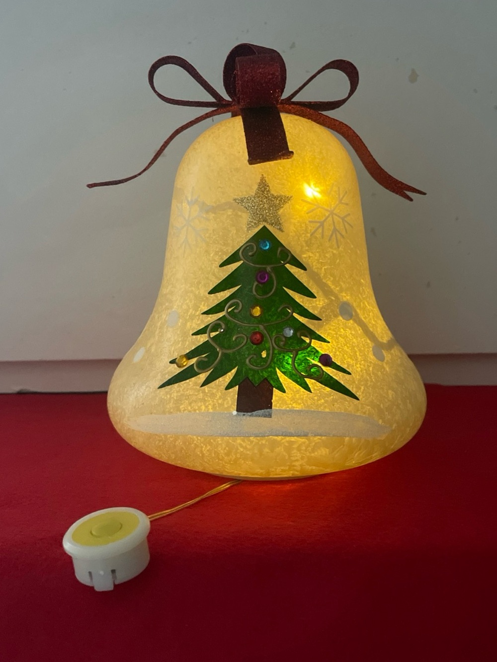 LED Bell Holiday Table Light with Green Christmas Tree and Red Bow